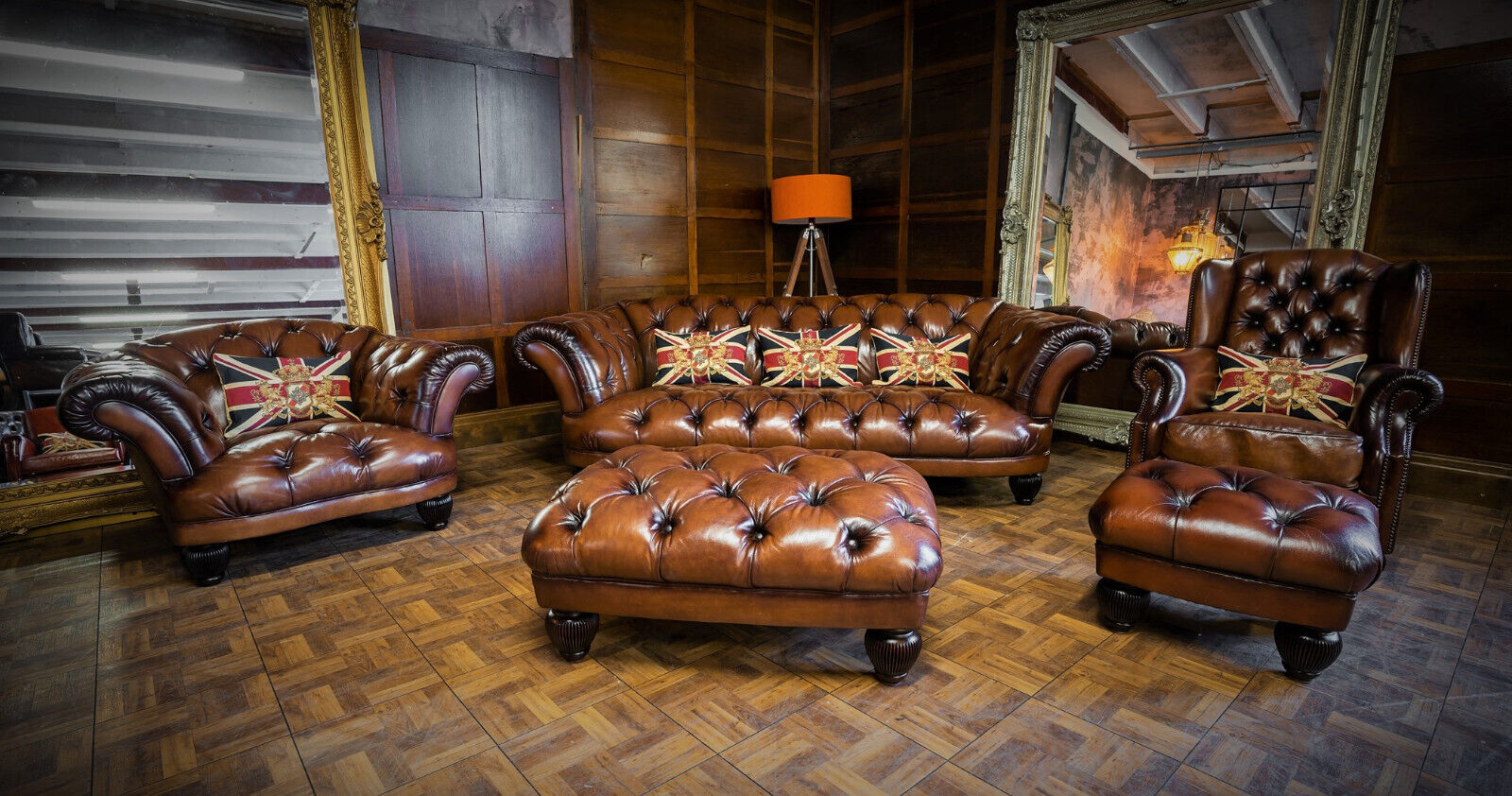 Tetrad Oskar Chesterfield Tan Leather Large Sofa Club & Wing Chairs 2 X Stools