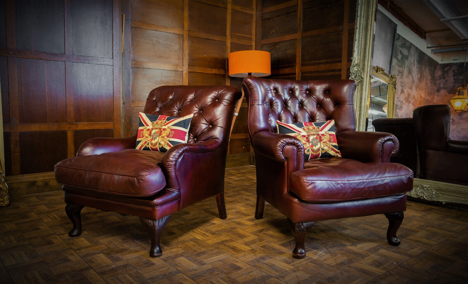 Pair of Tetrad Blake Campion & Howard Chestnut Antique Leather His & Hers Chairs