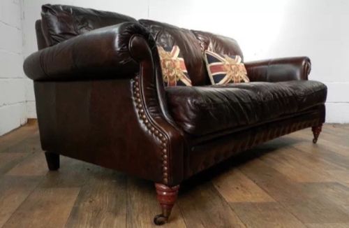 €“ Victorian Style Cigar Brown Stud Leather Chesterfield 3 Seater Sofa 2 of Pair