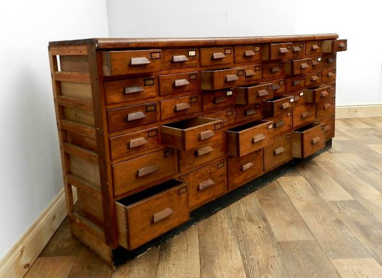 Large Art Deco Bank of 44 Oak Drawers