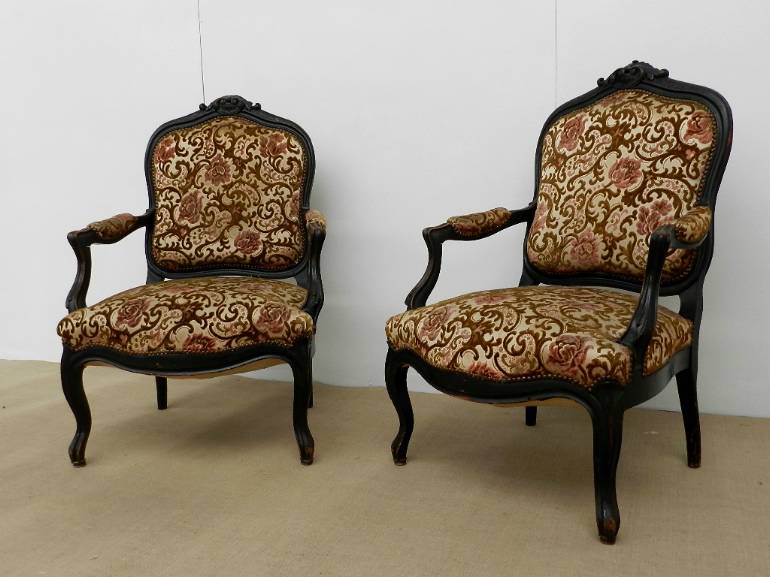 Pair 19C French Louis Xv Ebony & Floral Armchairs