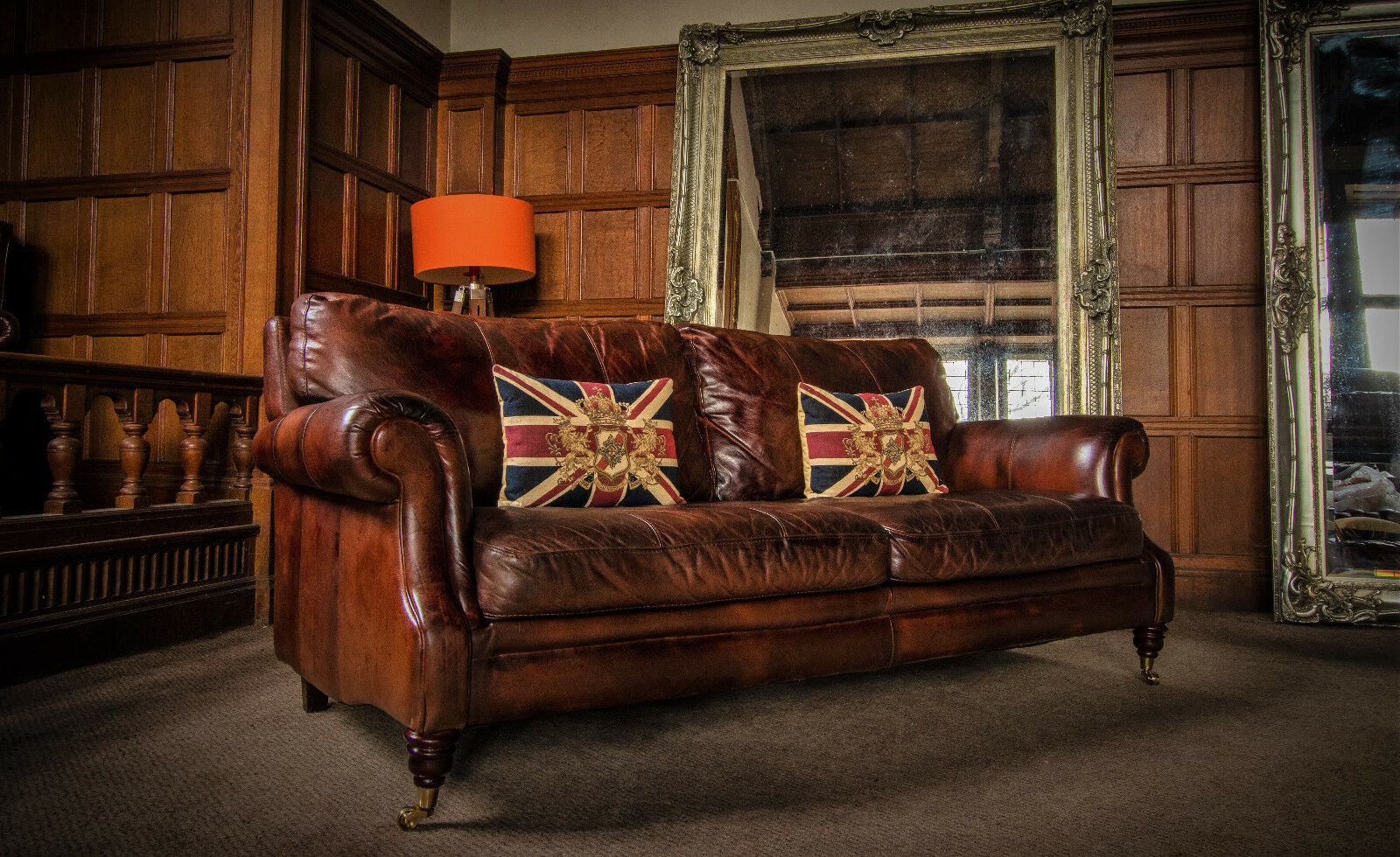 Victorian F50-1033 Style Chestnut Antique Hand Dyed Tan Brown Leather 3 Seater Club Sofa