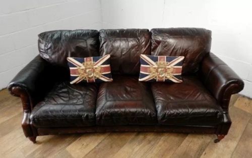 Victorian Style Cigar Conker Brown Leather Suite 3 Seater Sofa & One Armchairs