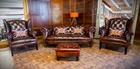 Tetrad Palace Antique Brown Leather Chesterfield Midi Sofa Pair of Chairs Stool