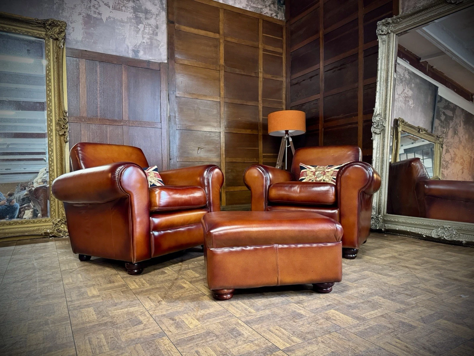 Pair of French Burlington Antique Tan Leather Chesterfield Club Chairs & Stool