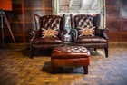 Pair of Tetrad Palace Antique Brown Leather Chesterfield Wingback Chairs & Stool