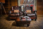 Pair of Tetrad Oskar Antique Cigar Leather Chesterfield Wingback Chairs & Stool
