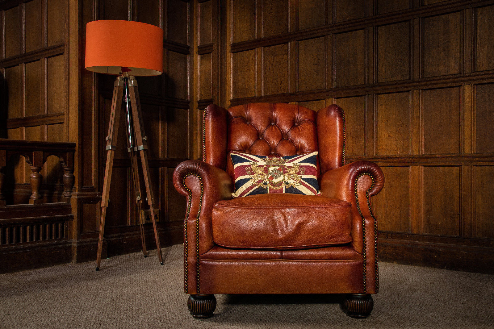 Tetrad Oskar Grand Tour Tan Brown Leather Chesterfield Library Wingback Armchair