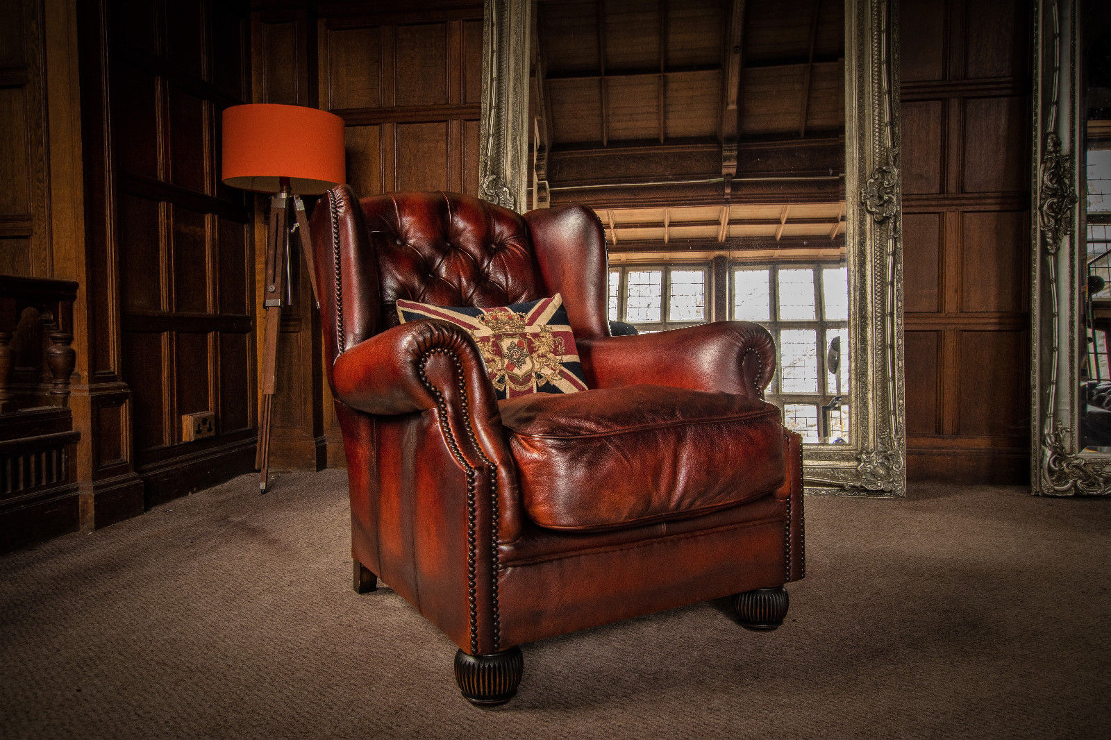 Tetrad Oskar Cigar Brown Leather Chesterfield Wingback Library Chair 2 of a Pair