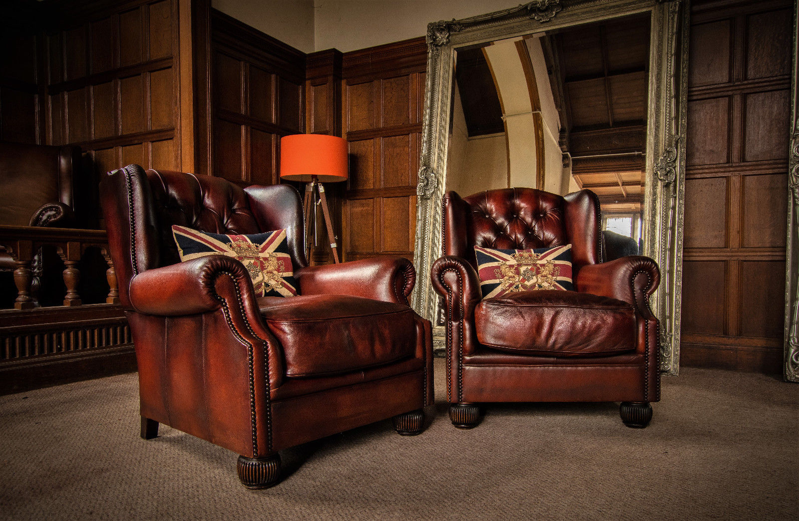 Pair of Tetrad Oskar Conker Brown Leather Chesterfield Wingback Library Chairs