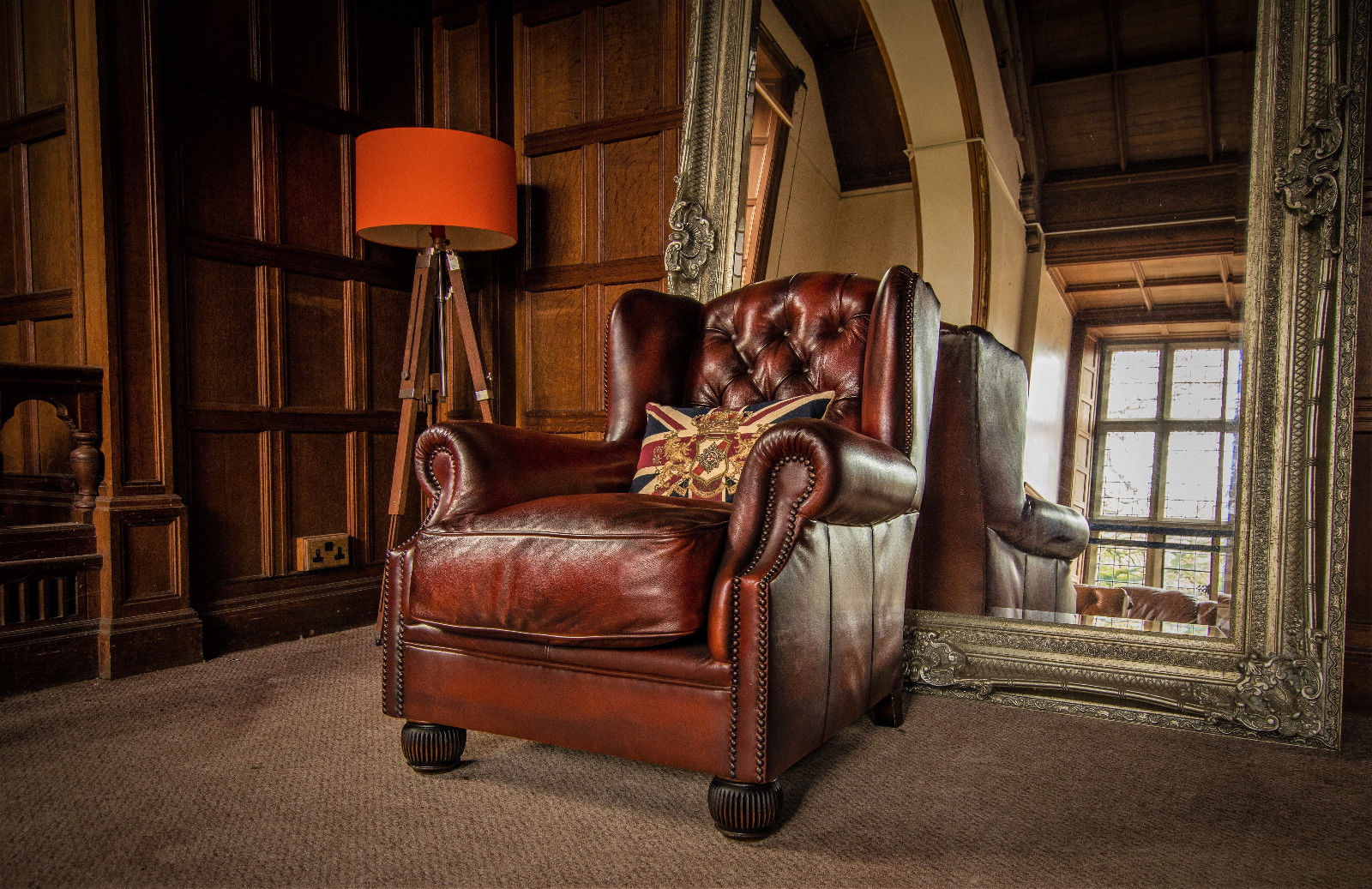 Tetrad Oskar Cigar Brown Leather Chesterfield Wingback Library Chair 1 of a Pair