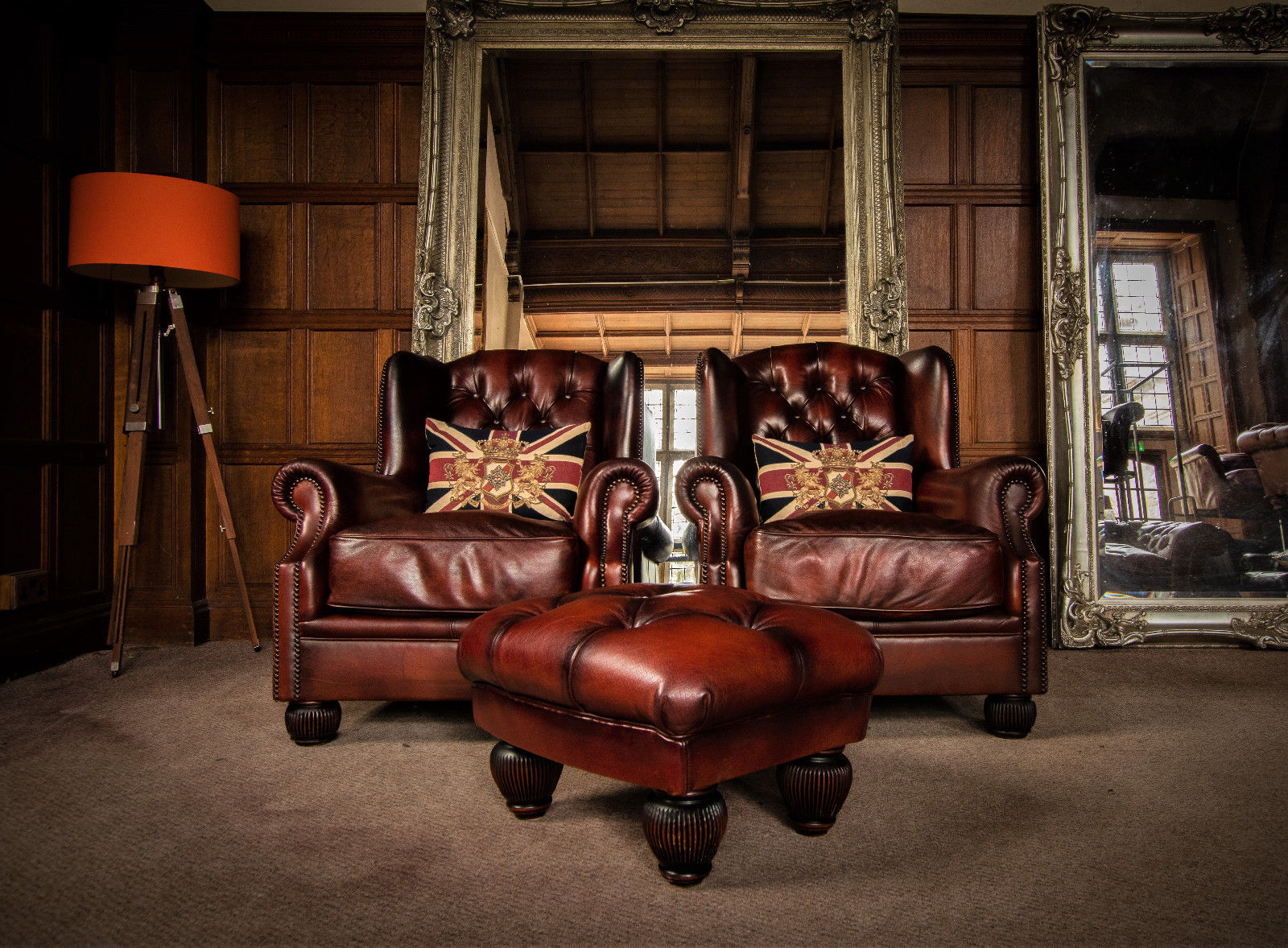 Pair of Tetrad Oskar Conker Brown Leather Chesterfield Wingback Chairs & Stool