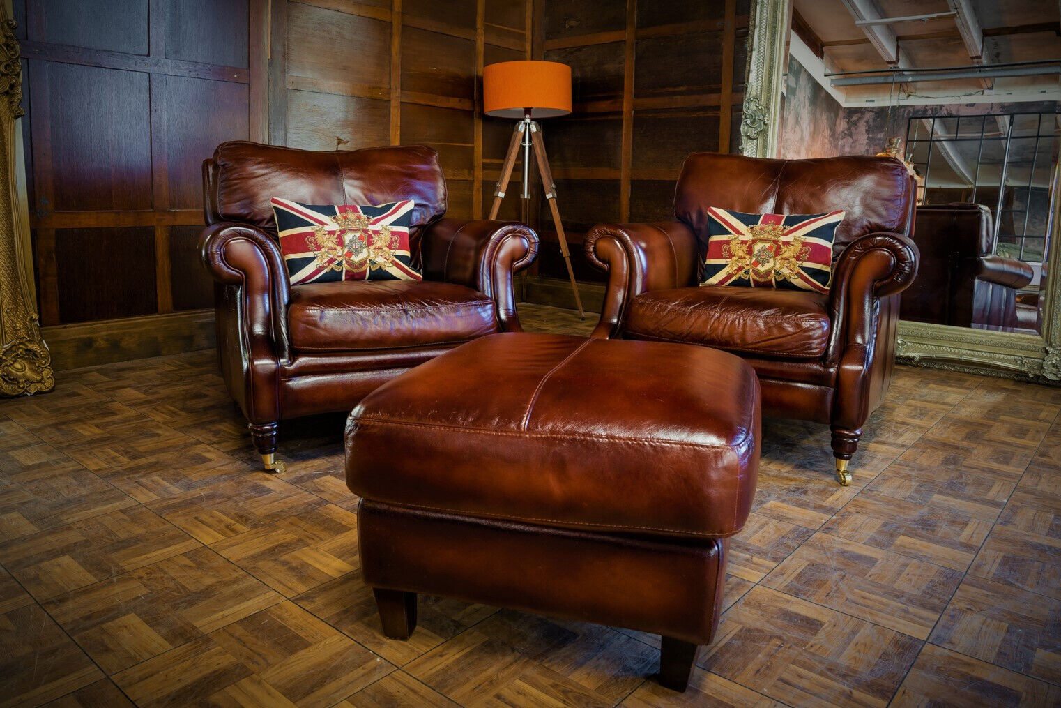 Pair of Victorian Style Antique Chestnut Leather Chesterfield Club Chairs Stool
