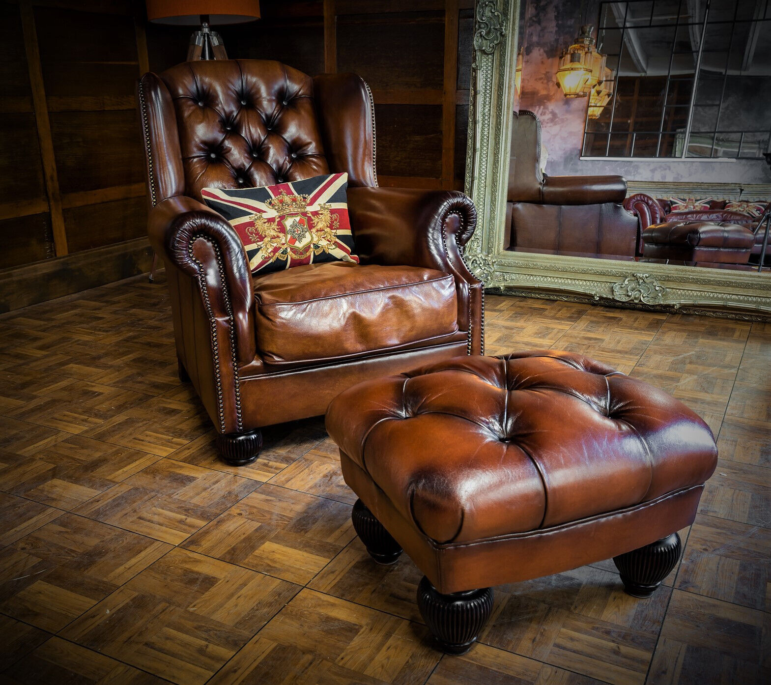 Tetrad Oskar Chesterfield Tan Brown Leather Wingback Library Chair & Footstool