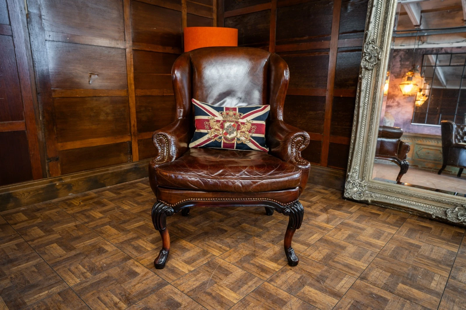 Halo Timothy Oulton Antique Tan Leather Chesterfield Wingback Chair Two of Pair