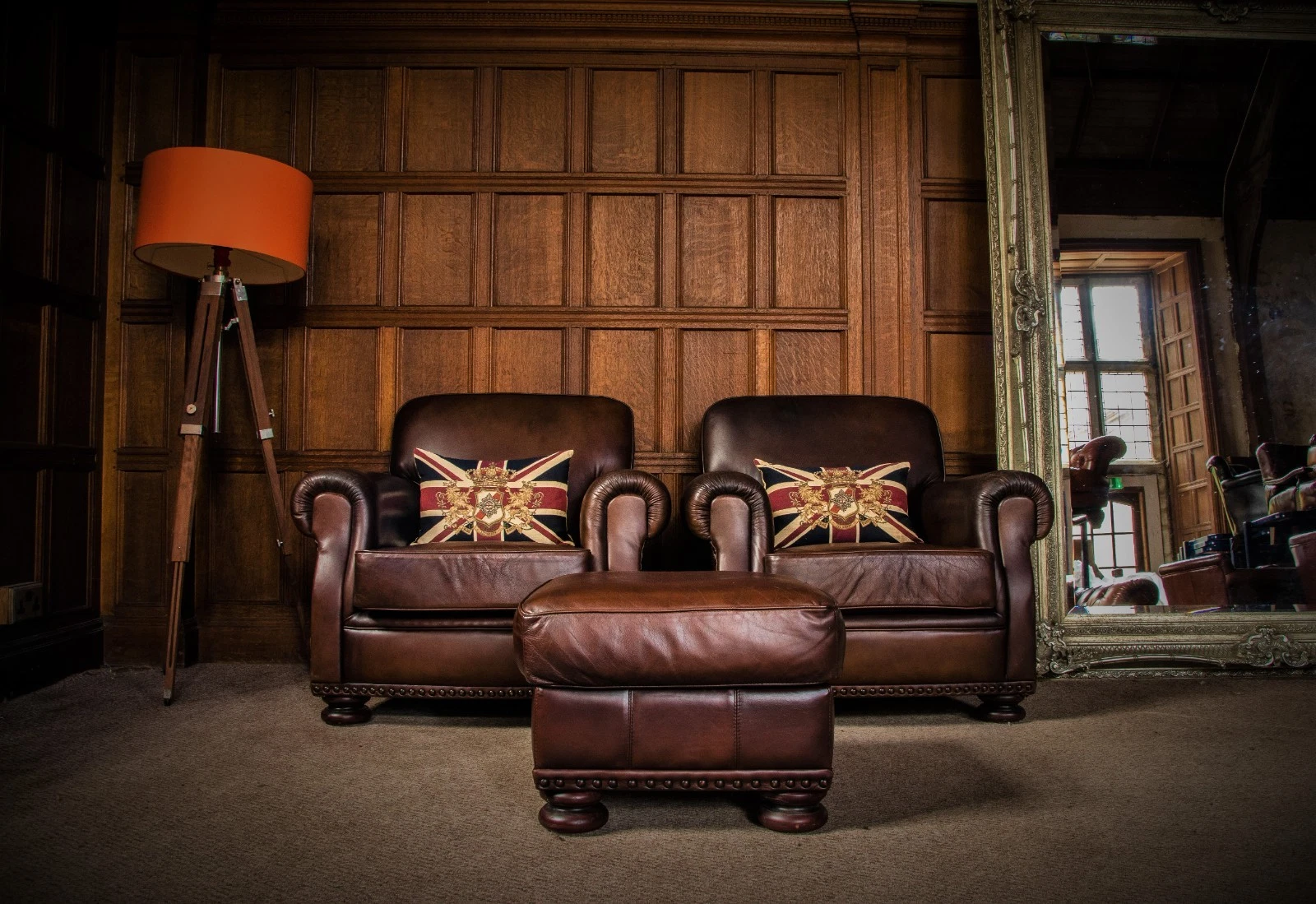 Pair of Tetrad Stornoway John Lewis Antique Tan Brown Leather Club Chairs Stool