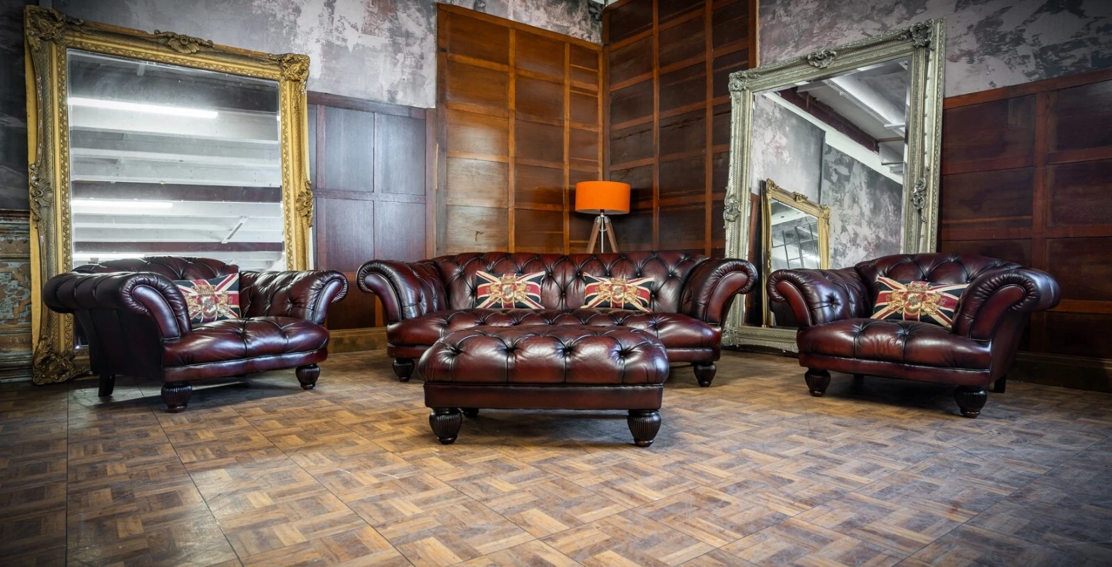Tetrad Oskar Chesterfield Conker Leather Grand Sofa Pair of Club Chairs & Stool