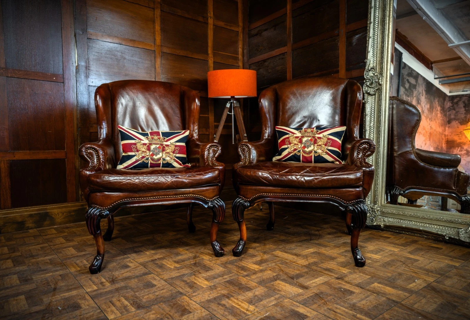Pair of Halo, Tomothy Oulton for Artforma Tan Brown Carved & Stud Distressed Leather Chesterfield Georgian Library Armchairs