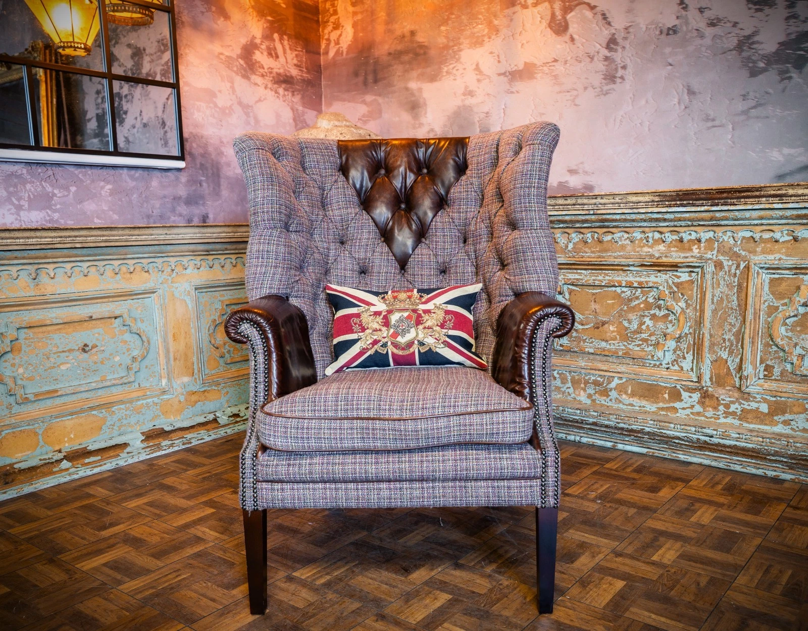 Tetrad Mackenzie Harris Tweed Antique Brown Leather Chesterfield Wingback Chair