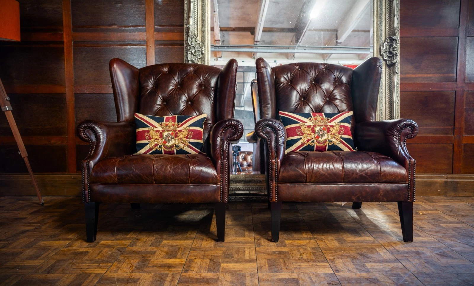 Pair of Tetrad Palace Antique Brown Leather Chesterfield Wingback Library Chairs