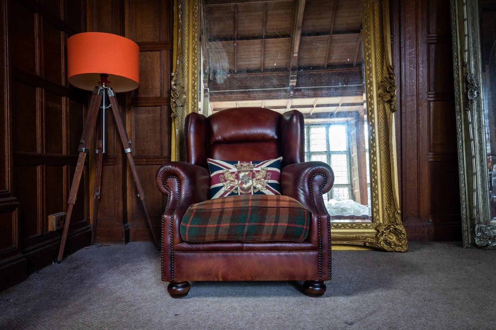 Tetrad Oskar Glendower Antique Tan Leather Tartan Chesterfield Wingback Armchair