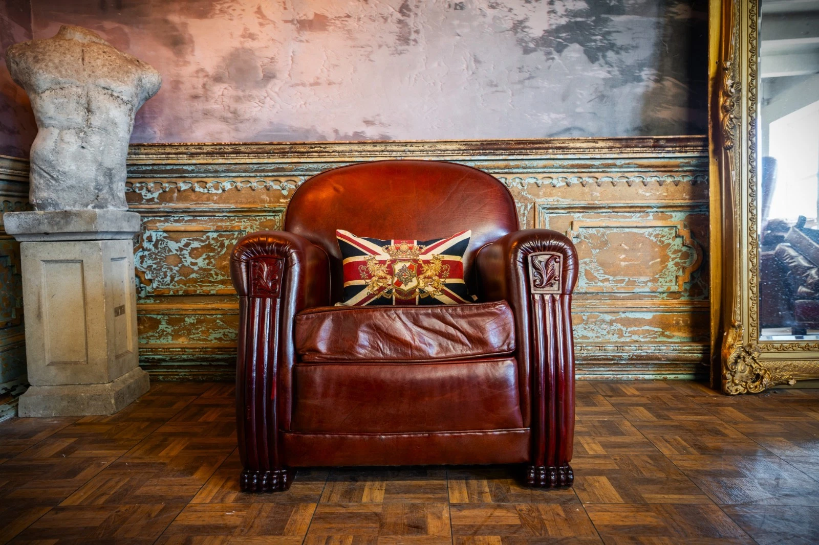 Tetrad Cleopatra Antique Chestnut Tan Leather Art Deco Style Club Armchair