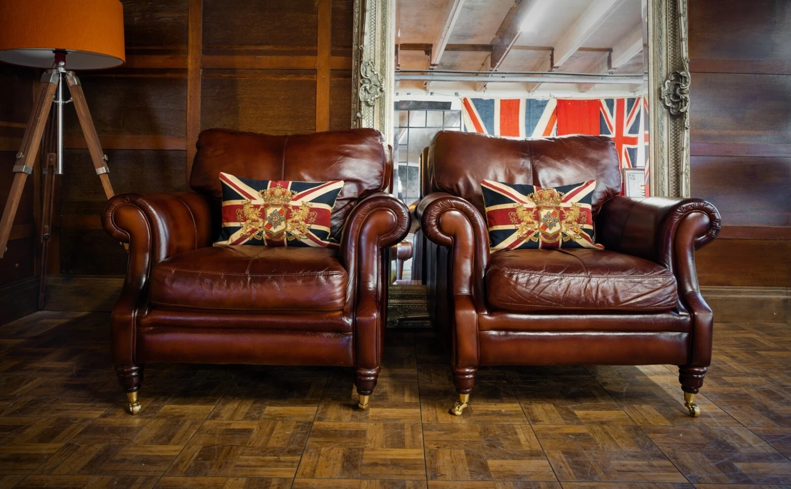 Pair of Victorian Style Antique Brown Tan Leather Chesterfield Club Armchairs