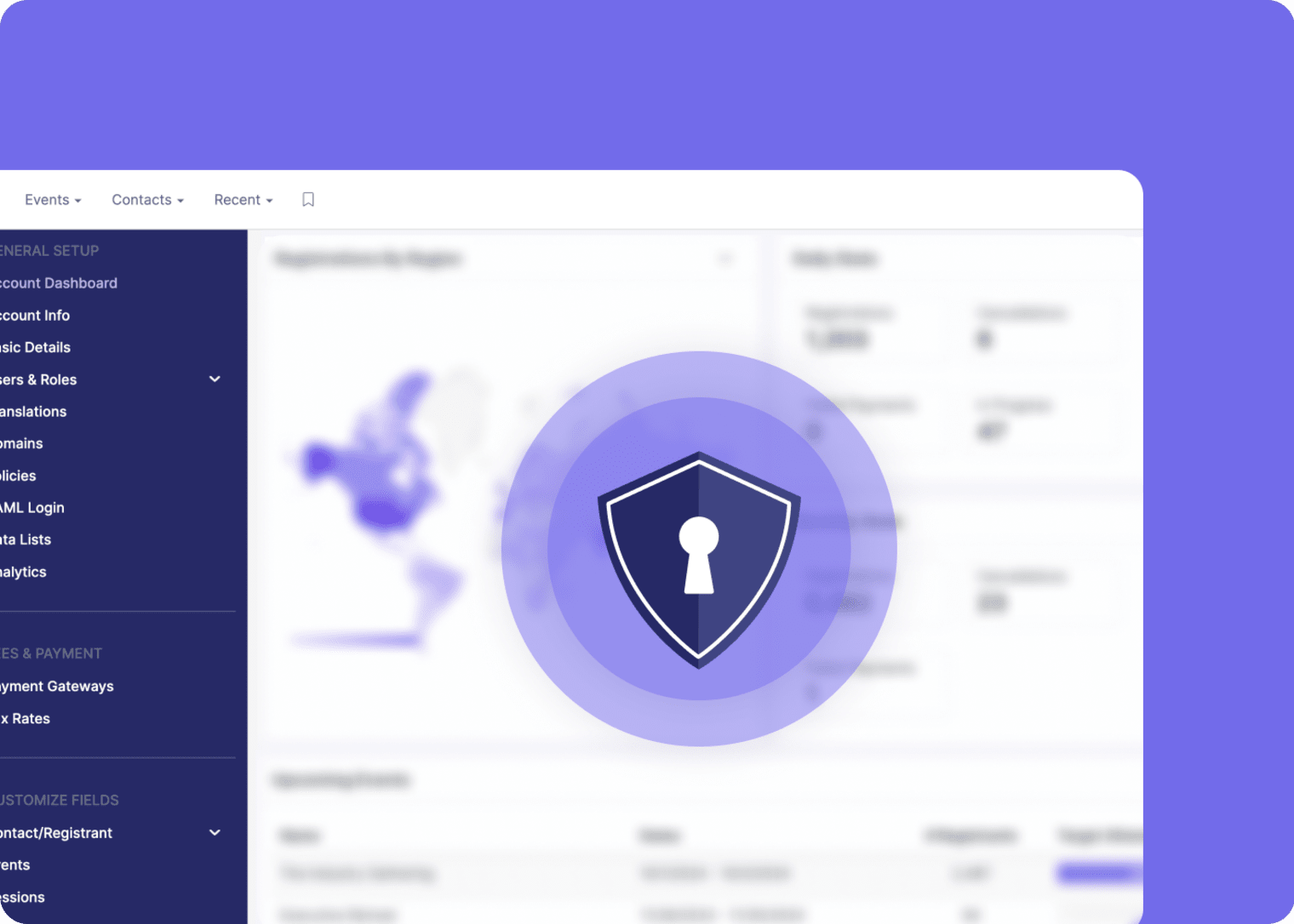 A Swoogo dashboard with a security shield icon, emphasizing data privacy and user ownership of event and attendee data.