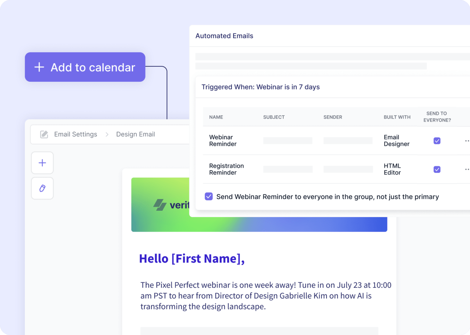 Screenshot of Swoogo's automated emails with Add to Calendar functionality.
