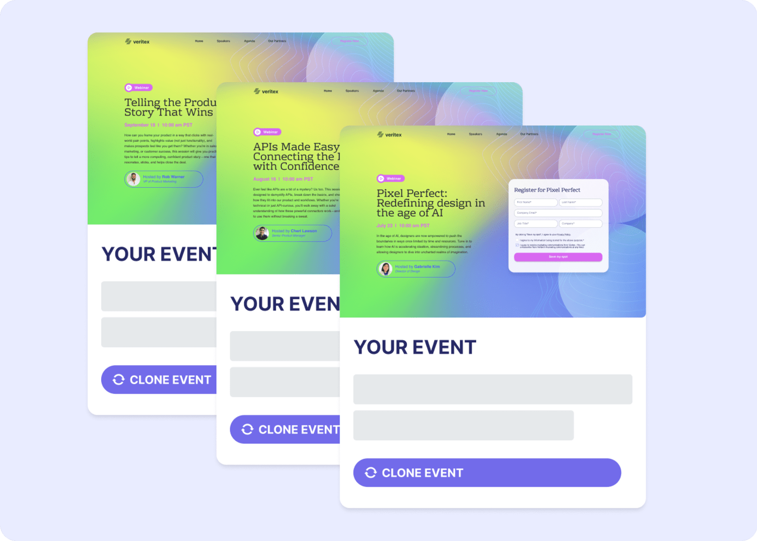 Three identical screens displaying the same event.
