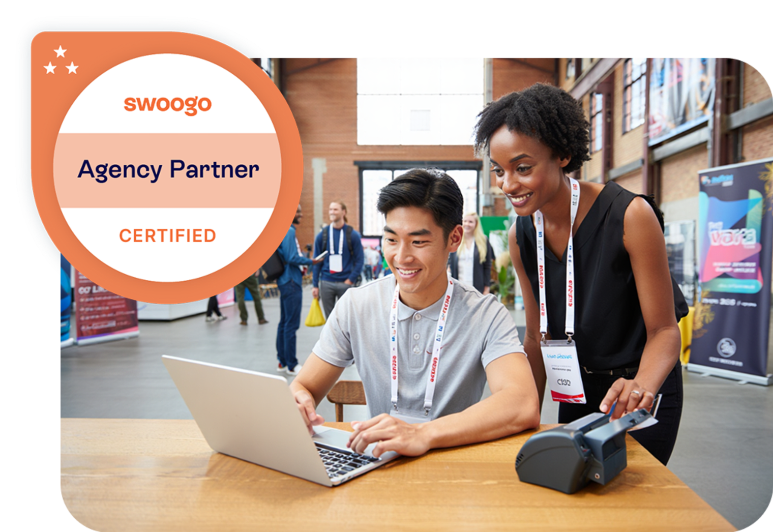 Image of two people collaborating on building an event, with a badge that says 