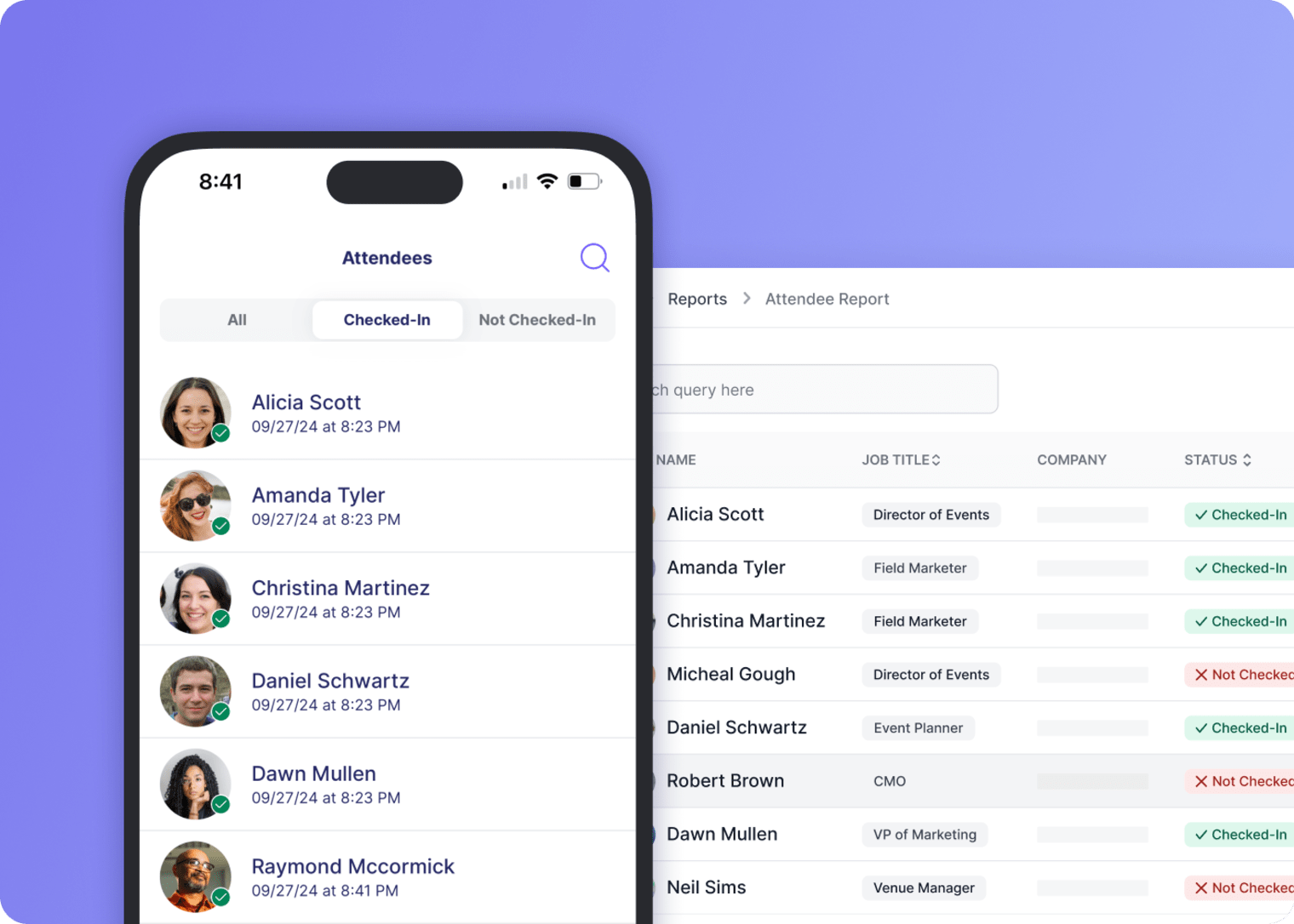 Screenshots of the Swoogo Go Onsite app for event managers and admins, showing event level reporting on check-ins and attendees