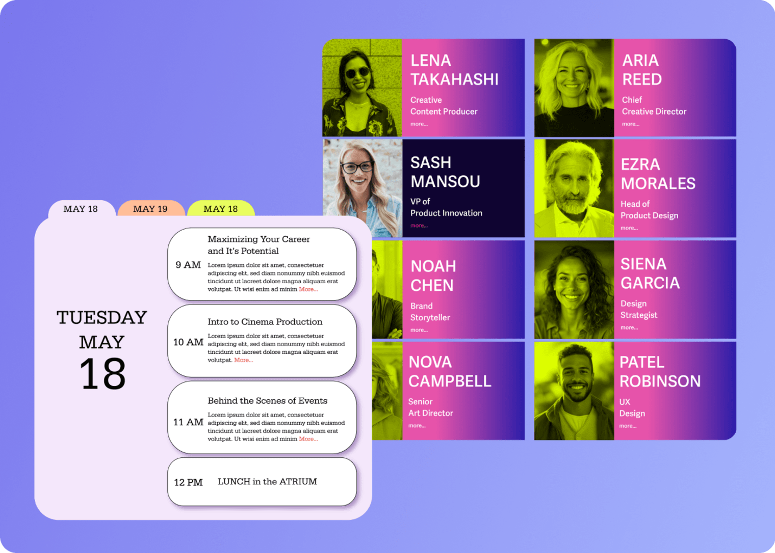 Examples of custom Swoogo widgets built by the Swoogo Pro Services team, including agenda widgets, speaker widgets, and other widgets.