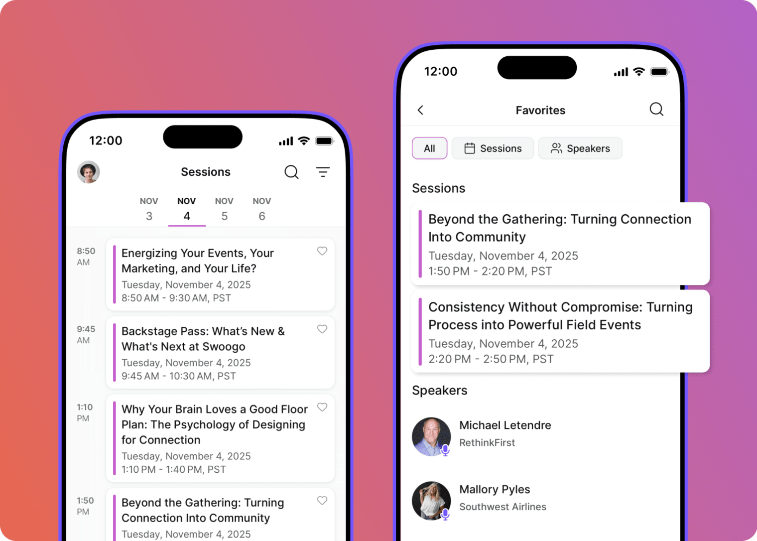 Screenshot showing Swoogo's Go Attend event app, and the interface for managing attendee's favorites