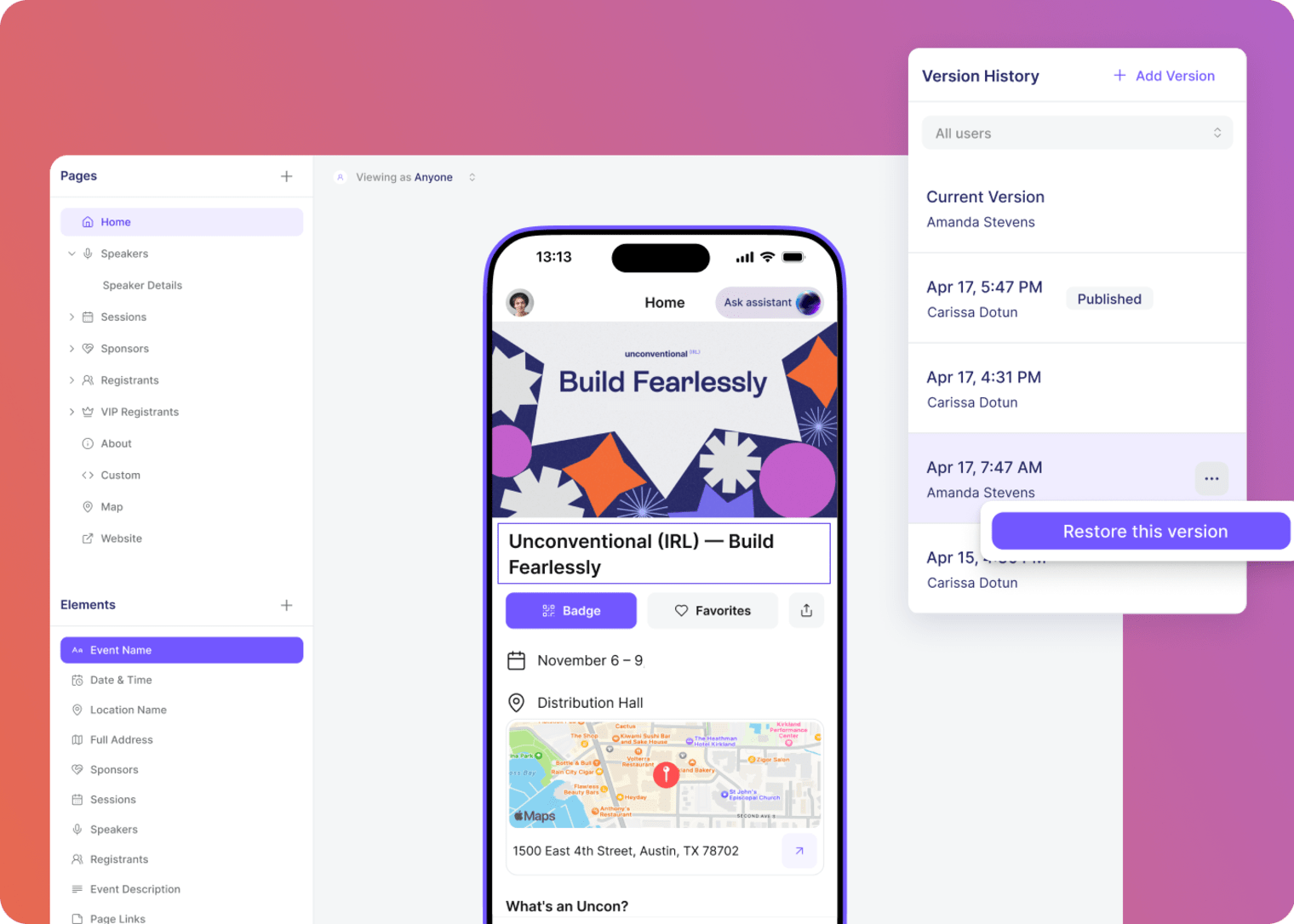 The Swoogo Go Attend app builder interface, for setting up your mobile app for your event.