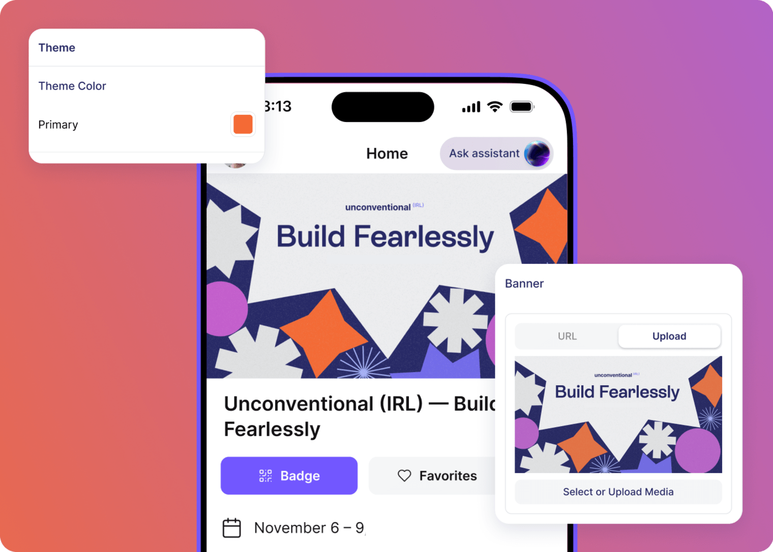 Product graphic showing how you can edit your event branding when setting up an event in Swoogo's Go Attend app.