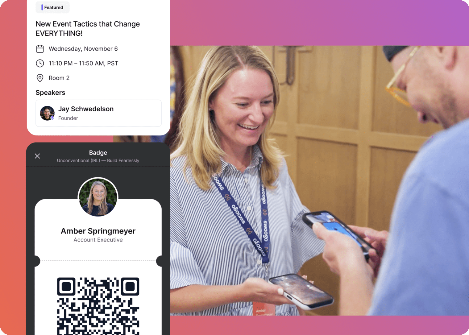 Product image displaying a digital event badge for attendees, in the Swoogo Go Attend mobile app