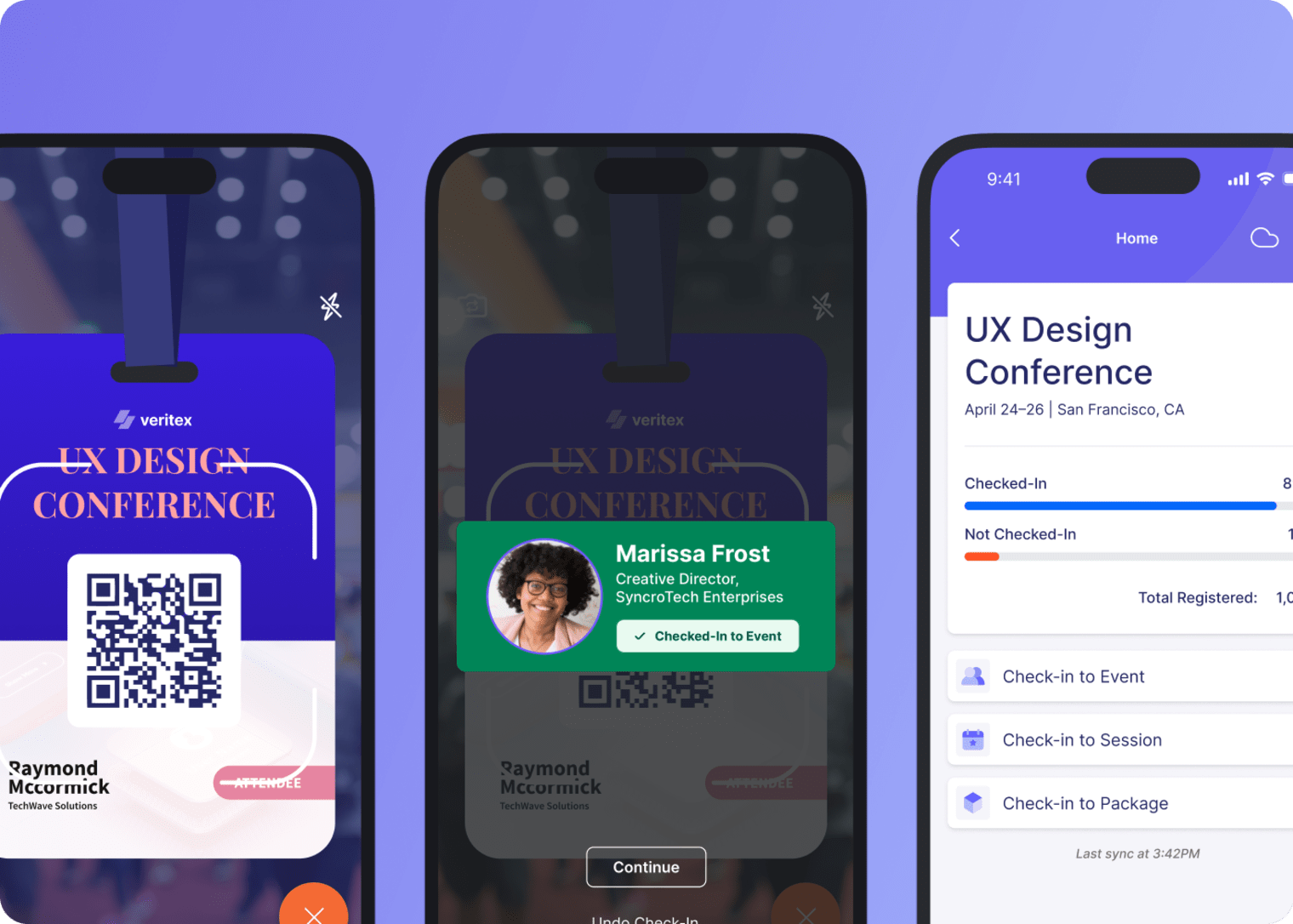 Images of the check-in functionality of the Swoogo Go Onsite app, used by event organizers to check attendees in to events.