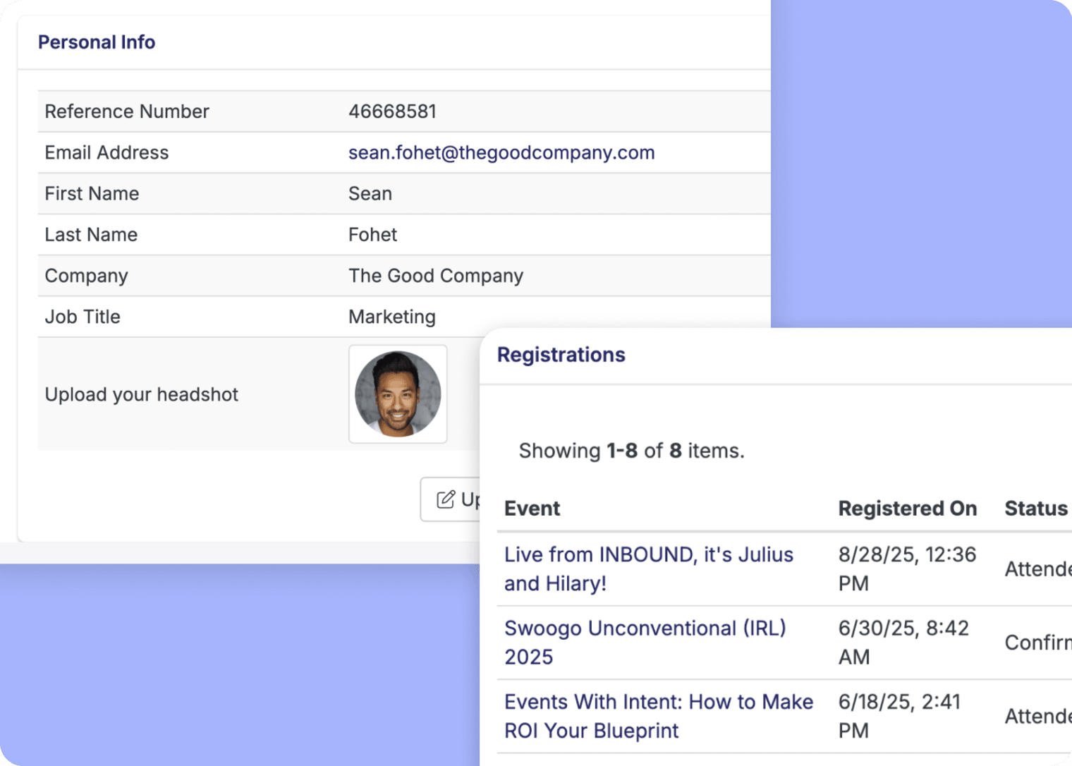 Two screenshots of a registrant's contact record in Swoogo.
