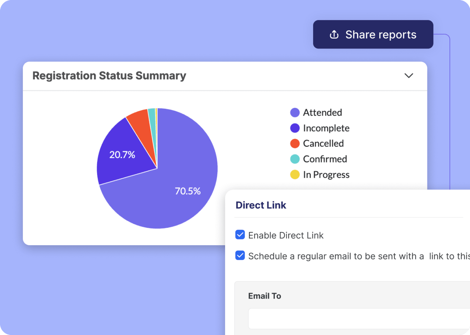 Screenshot of a registration status pie chart and direct link checkbox