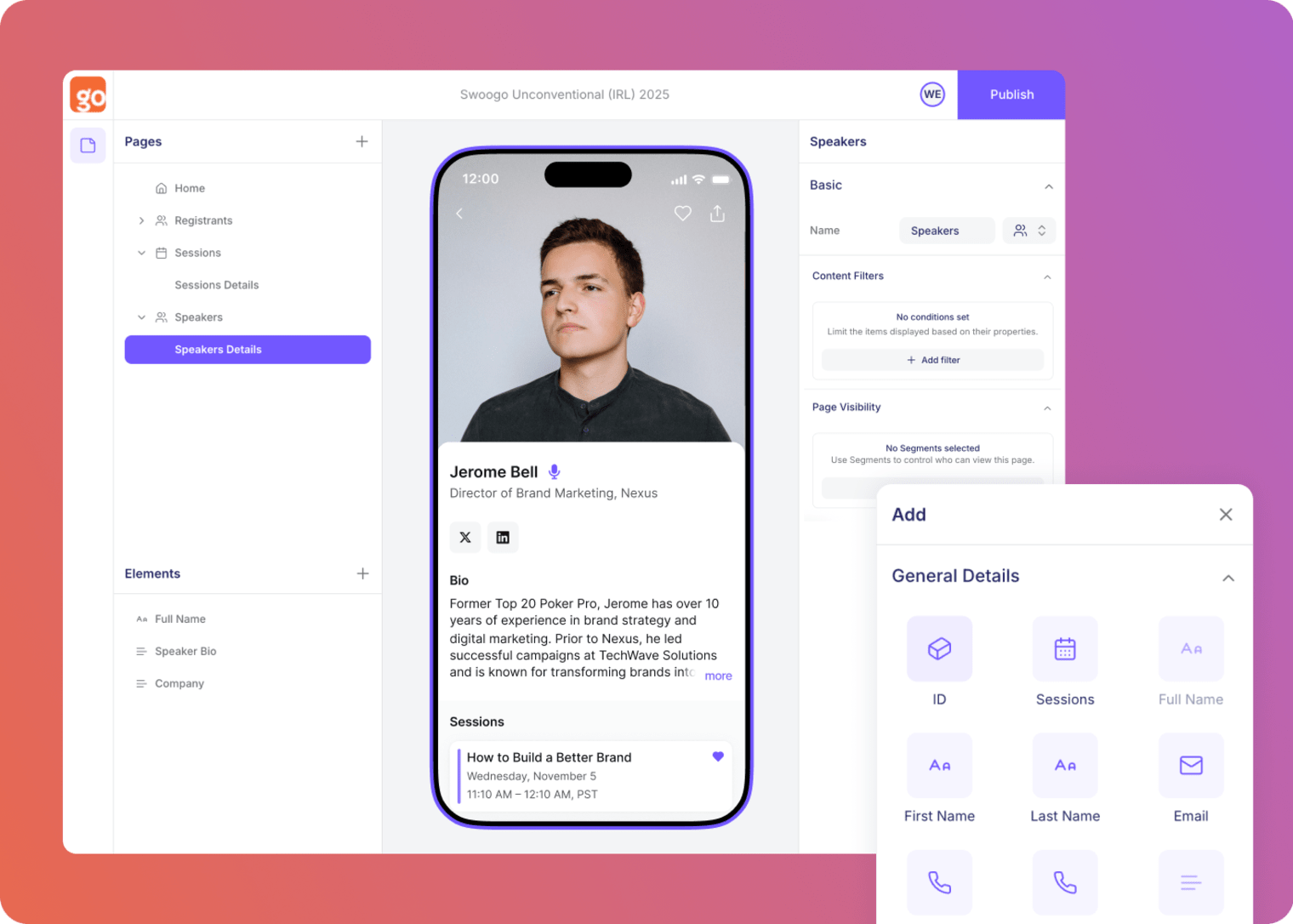 content block, filters, and settings for creating pages in go attend