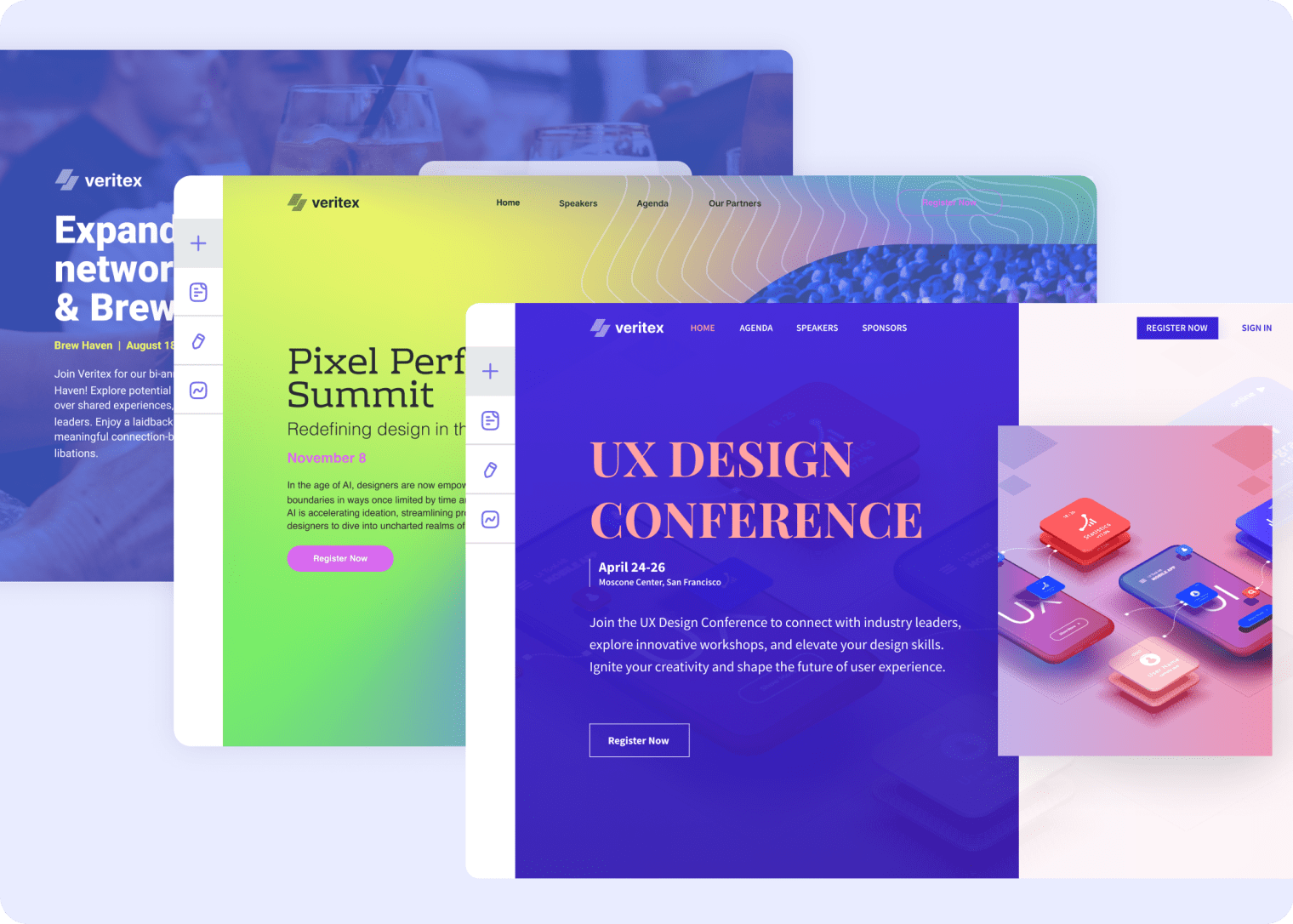 Three layered examples of Swoogo event websites in different styles and sizes, including a networking mixer, Pixel Perfect Summit, and UX Design Conference registration pages