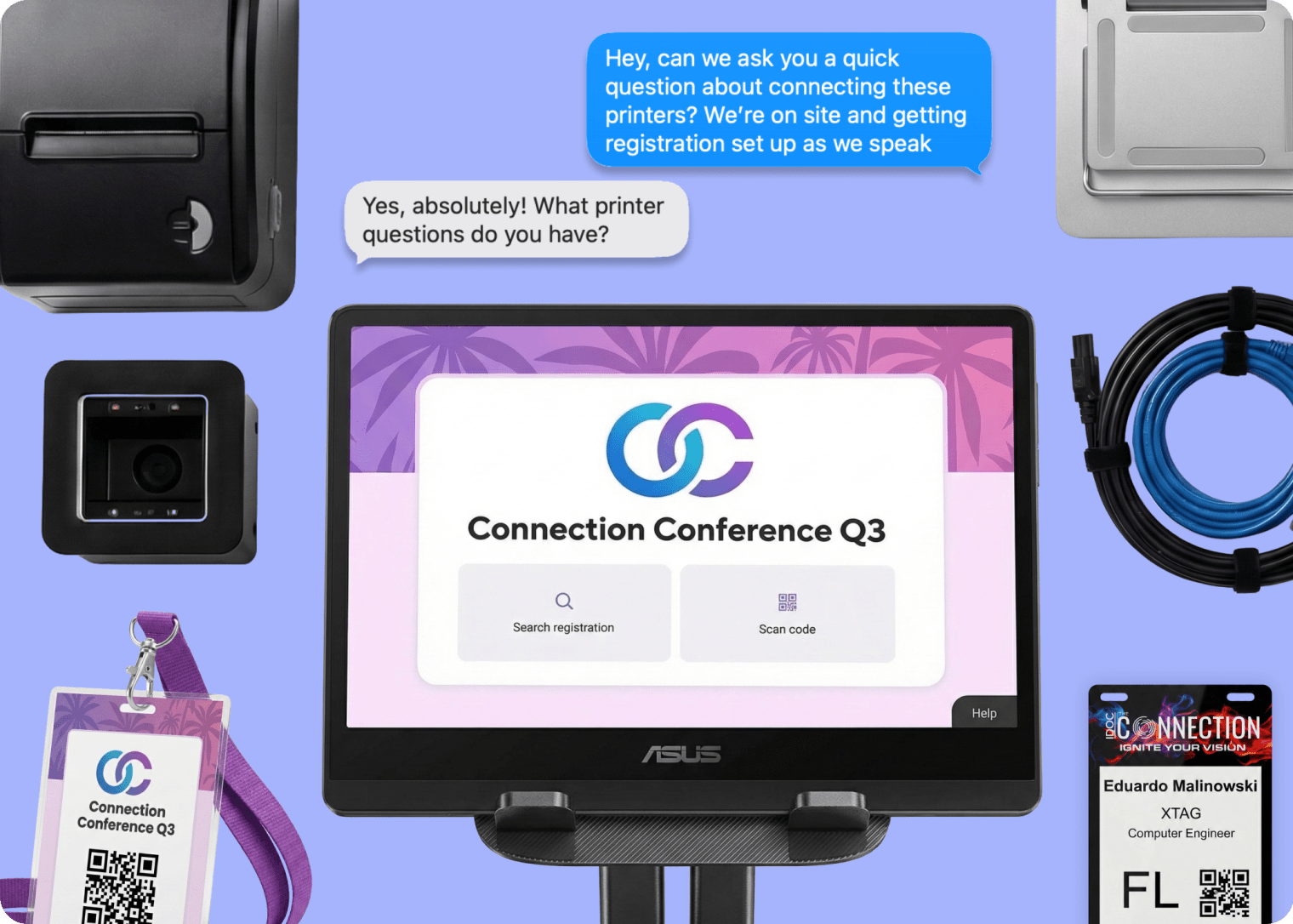 Go Onsite check-in station setup featuring a touchscreen kiosk displaying an example registration screen, surrounded by a badge printer, QR code scanner, ethernet cable, printed conference badge with lanyard, and a mobile device showing an attendee badge.