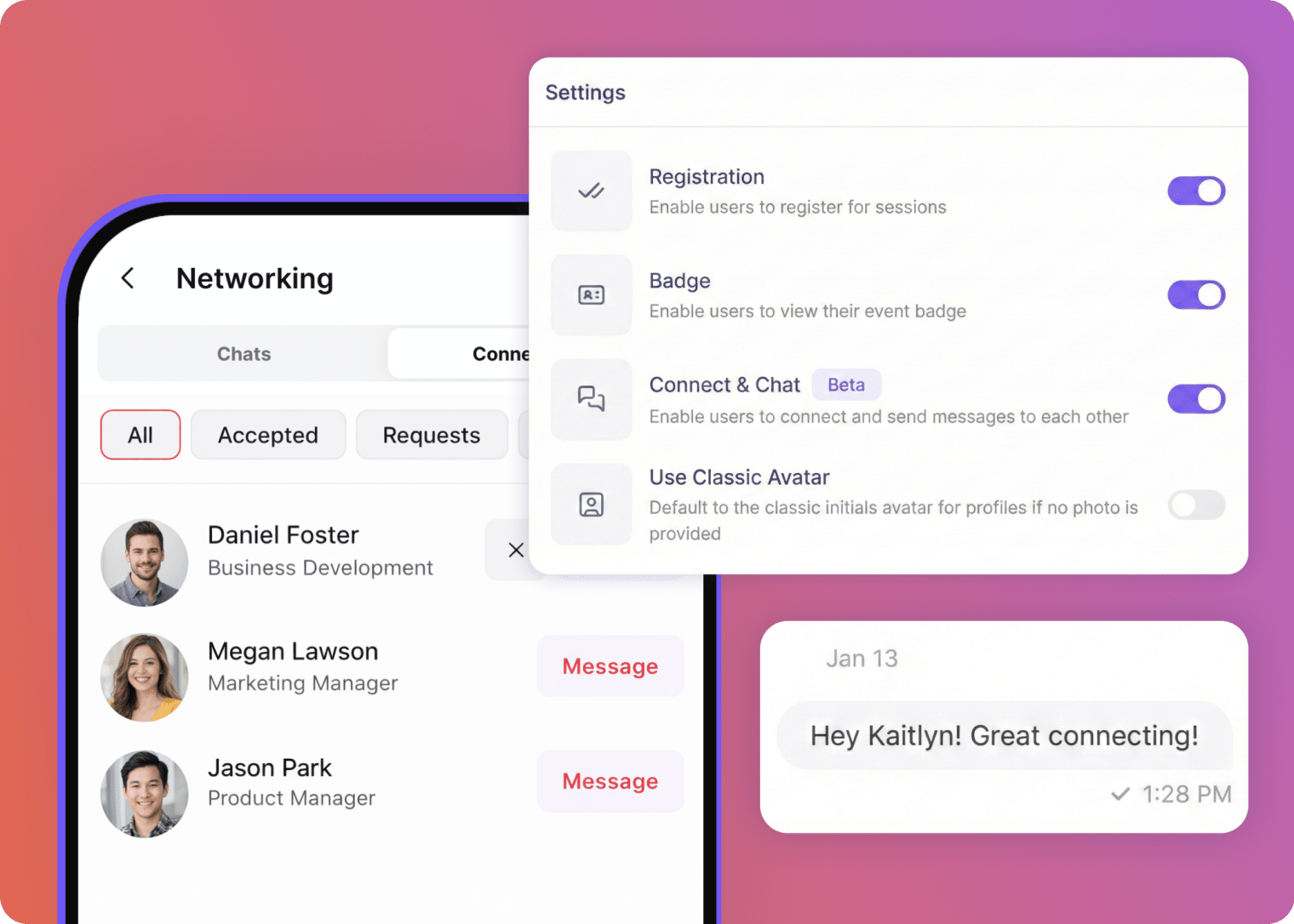 Swoogo Go Attend mobile app networking screen showing attendee connections and messaging, with app settings panel for registration, badges, and connect-and-chat features