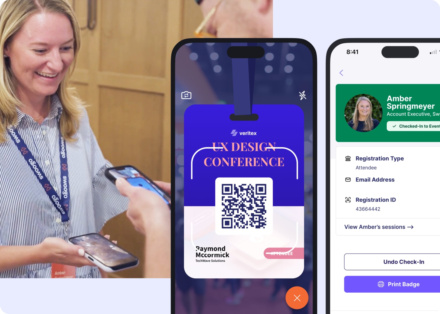 Images of Swoogo's Go Attend and Go Onsite apps, which are used by event attendees and event managers to get all the details about agendas, schedules, and scan people into the event upon arrival.