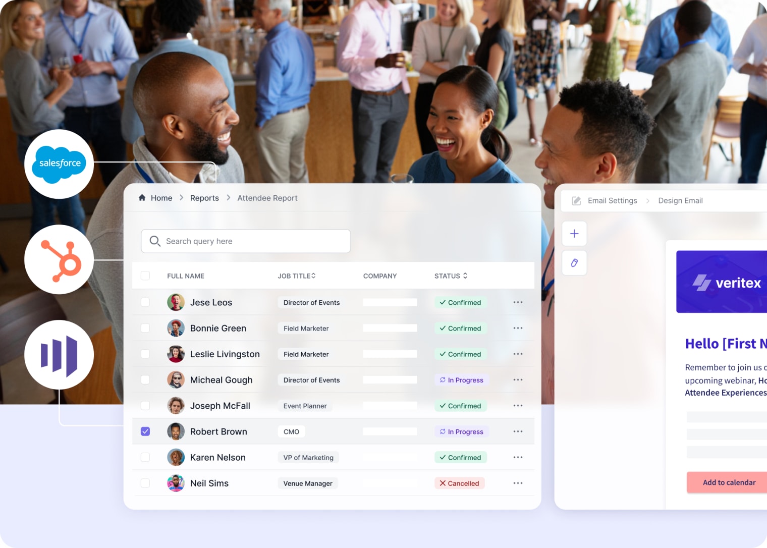 Examples of Swoogo reports and email communications, with icons of popular event data integrations like Hubspot, Salesforce and Marketo.