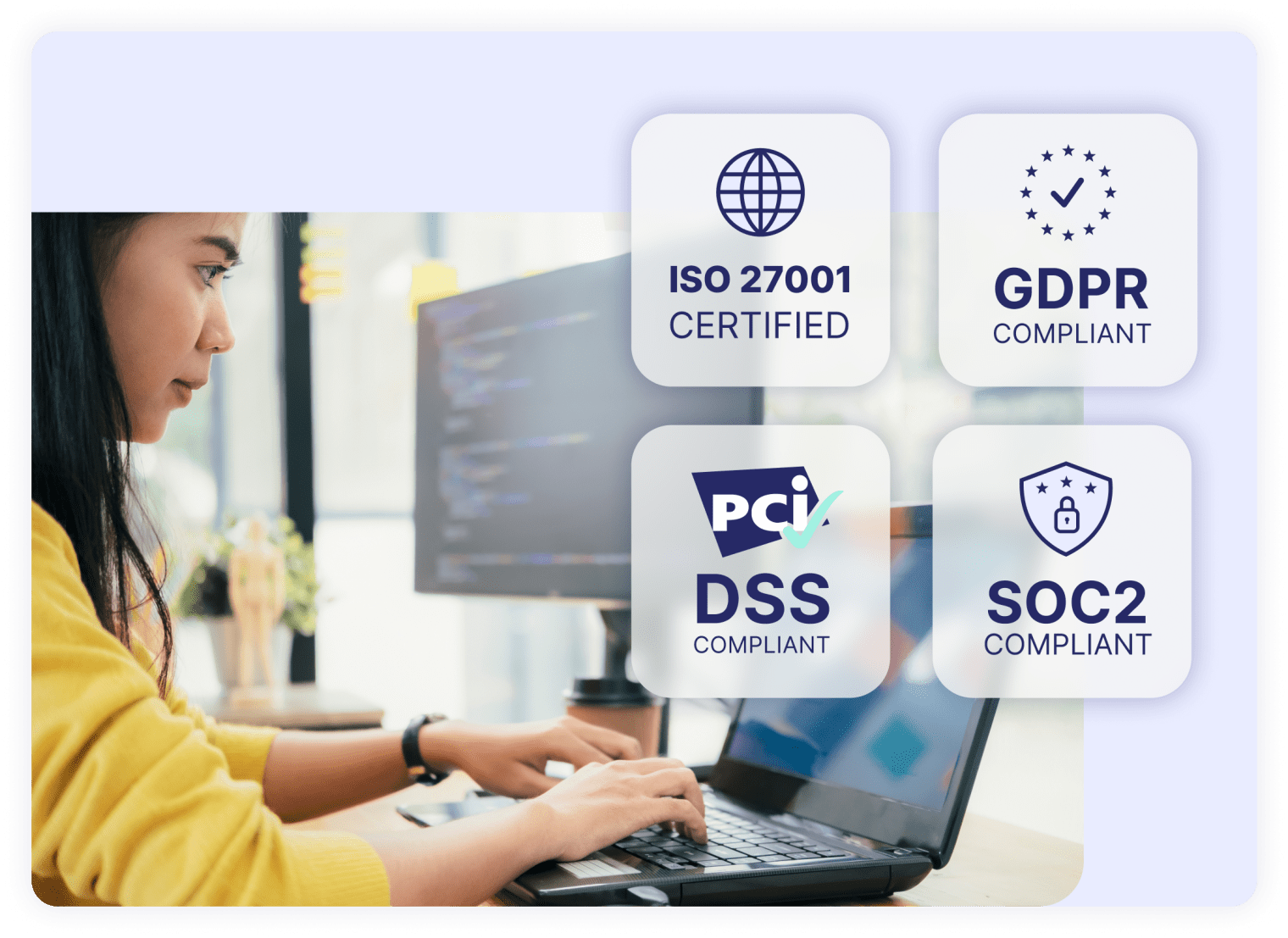 An image of a woman using Swoogo's event software, with badges of different security certifications overlayed onto the image.