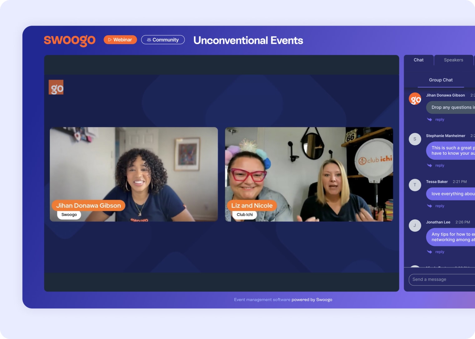 A screenshot of a virtual live streamed event being run on Swoogo's platform.