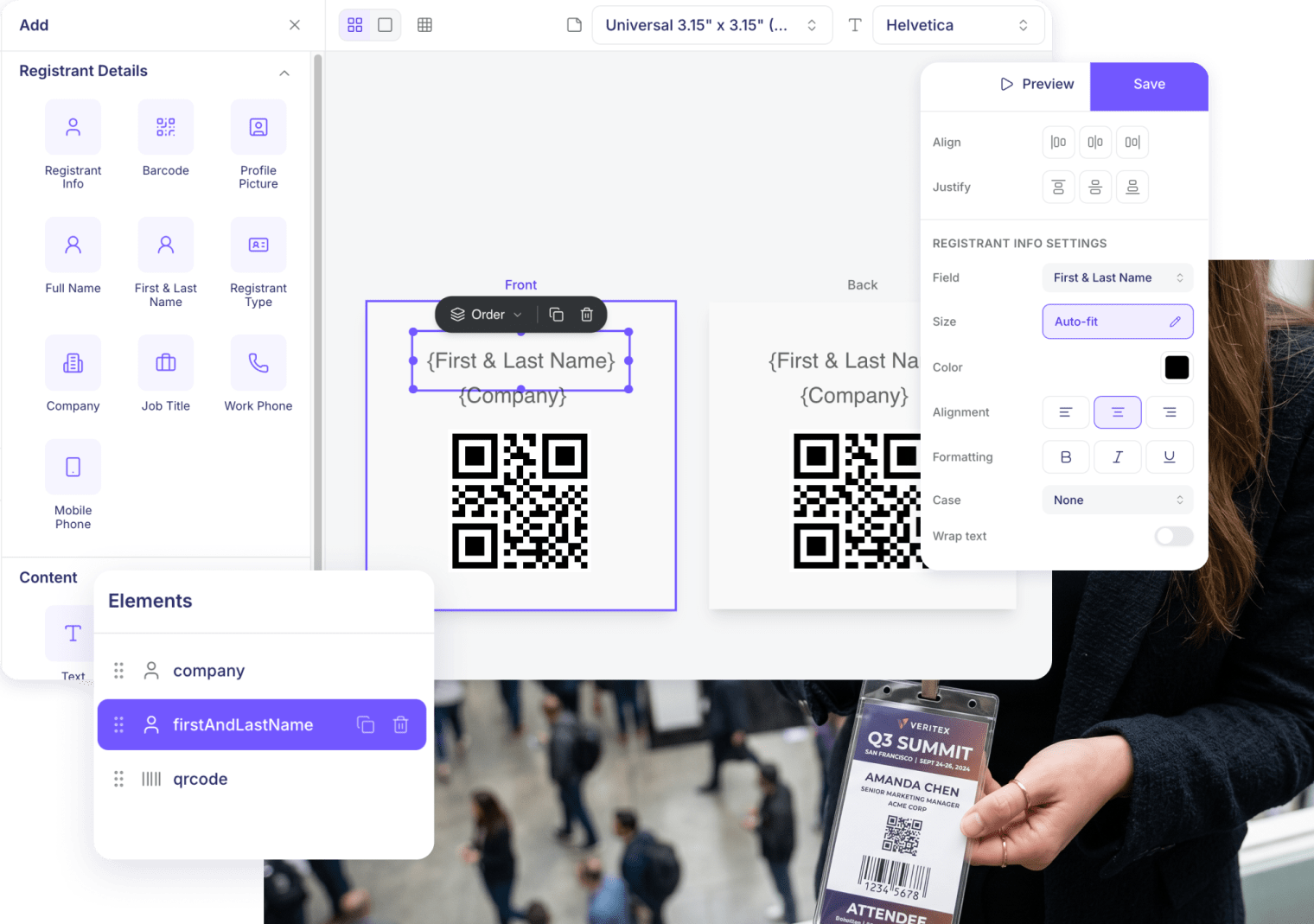 Swoogo's badge designer, with name, company, and QR code fields on a front and back layout, and an attendee holding the printed badge.