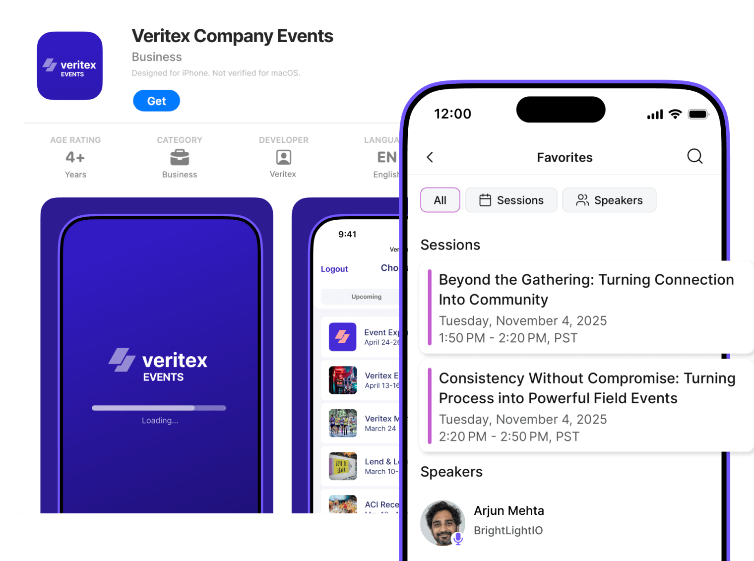 Swoogo Go Attend white-labeled as "Veritex Company Events": a branded App Store listing and an in-app Favorites screen with sessions and a speaker.